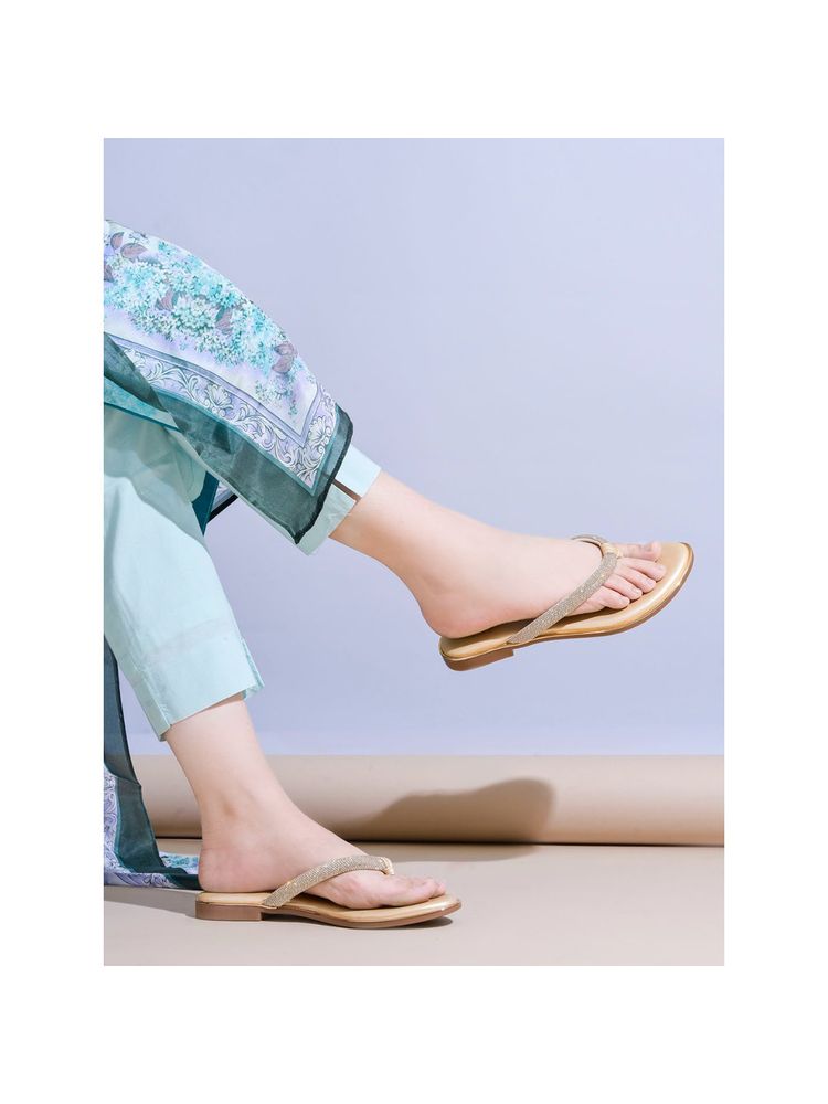 Shoetopia Embellished Rhinestone Strap Golden Flats for Women-image-24