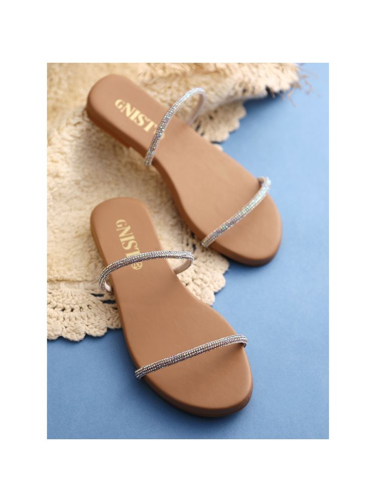 GNIST Beige Embellished Flat Sandal