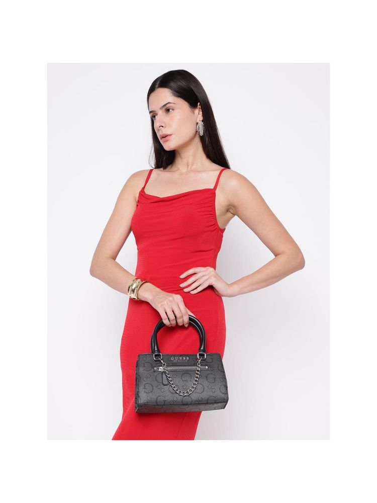 Guess Charcoal Printed Saffron Satchel Bag with Detachable Strap-image-5