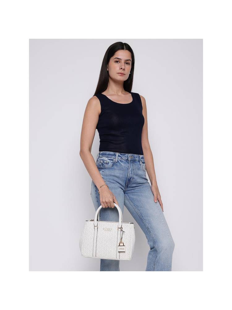 guess fashion Guess White Printed Saffron Satchel Bag with Detachable Strap-picture-21
