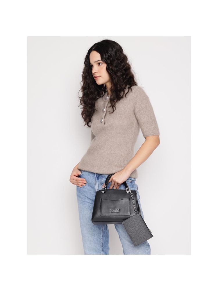 guess fashion Guess Black Solid Espoir Satchel Bag with Detachable Strap-picture-44