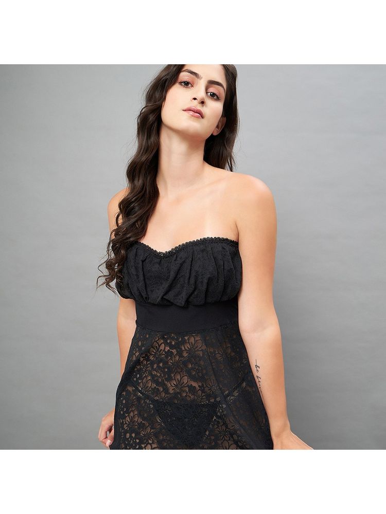 Secrets By ZeroKaata Women Self Design Strapless Lace Baby Doll Lingerie - Black-picture-25