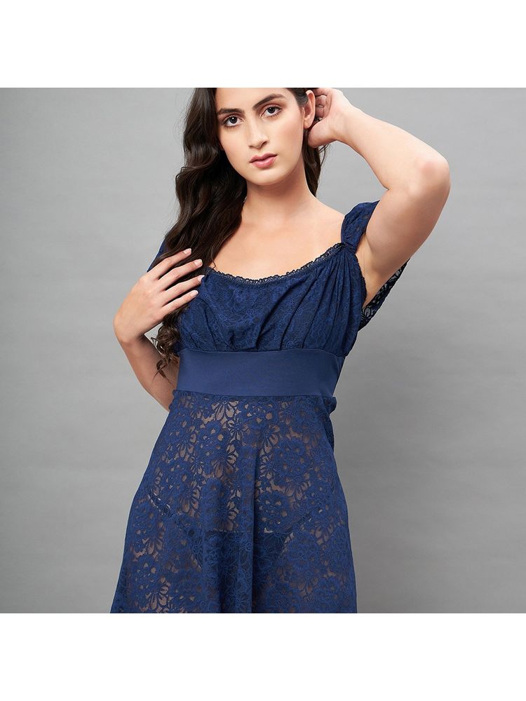 Secrets By ZeroKaata Women Self Design Lace Baby Doll Lingerie - Navy Blue-image-24