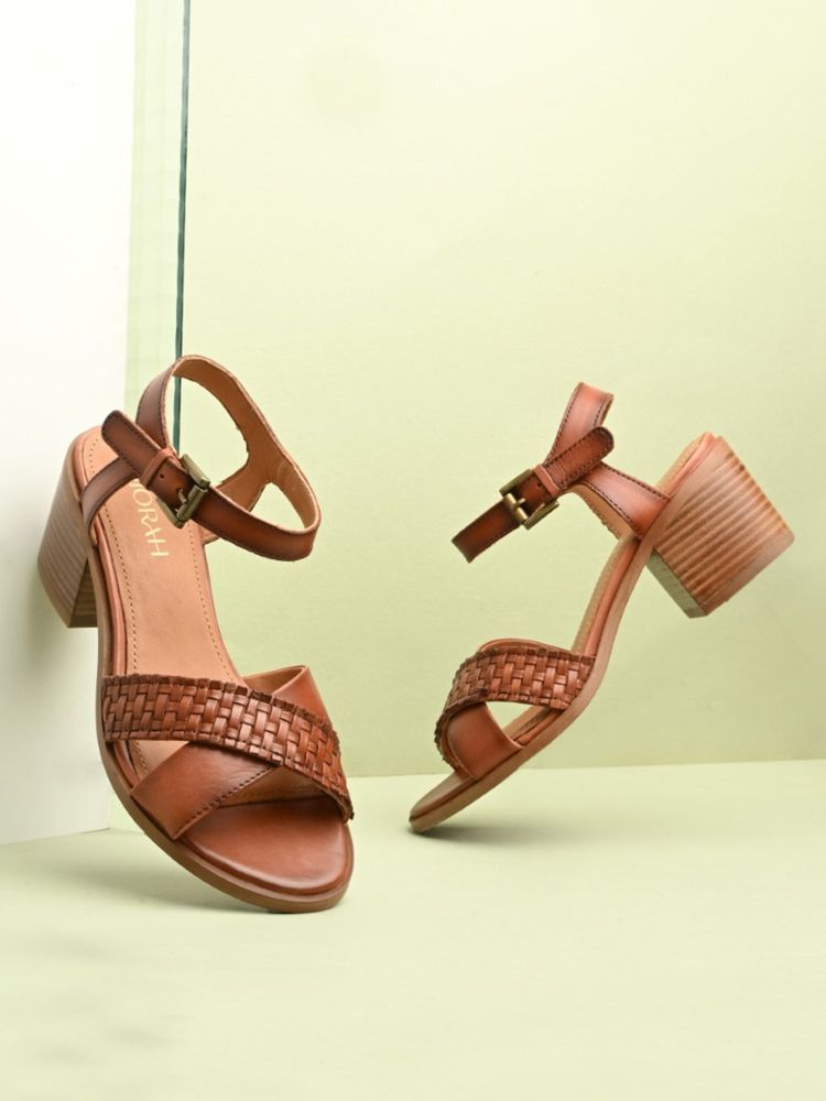 MIORAH Women Brown Weava Criss-Cross Block Heels-image-44