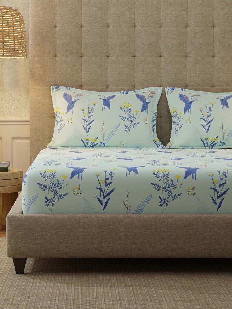 Urban Space Whisper Mint Blue Cotton Bedsheet with 2 Pillow Covers (King)-image-26