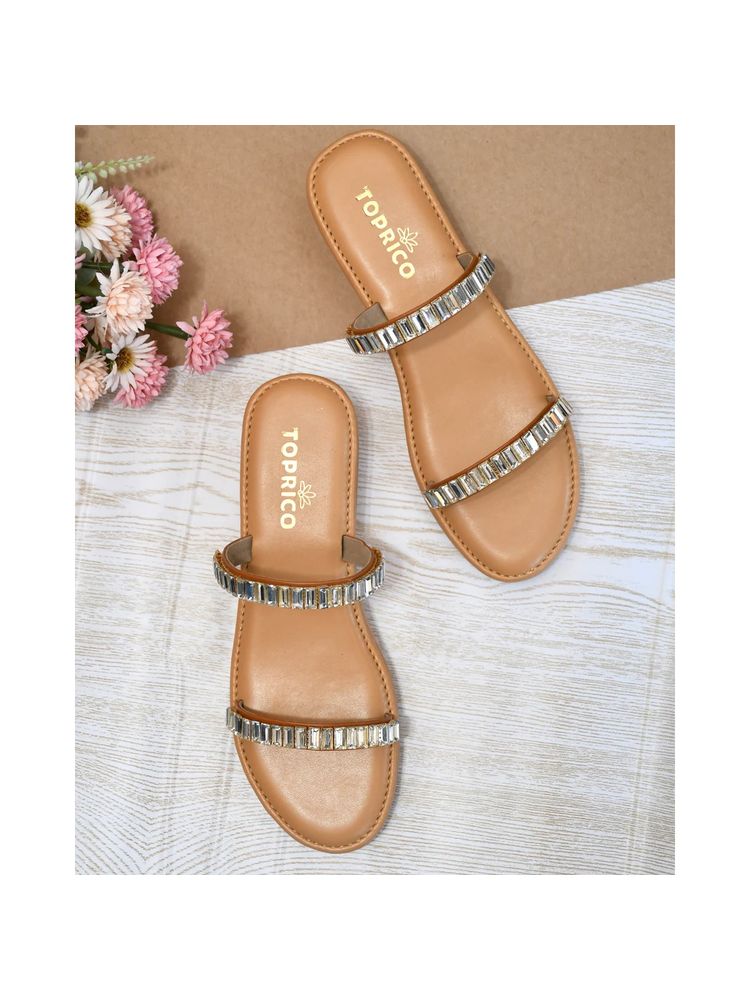 Toprico Two Strap Beads Embellished Tan Flats-picture-18