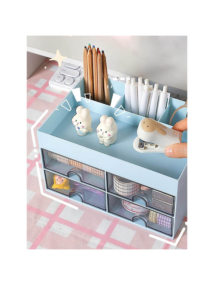 House of Quirk Blue Desk Organizer with Drawer 4 Plastic Compartment-image-20