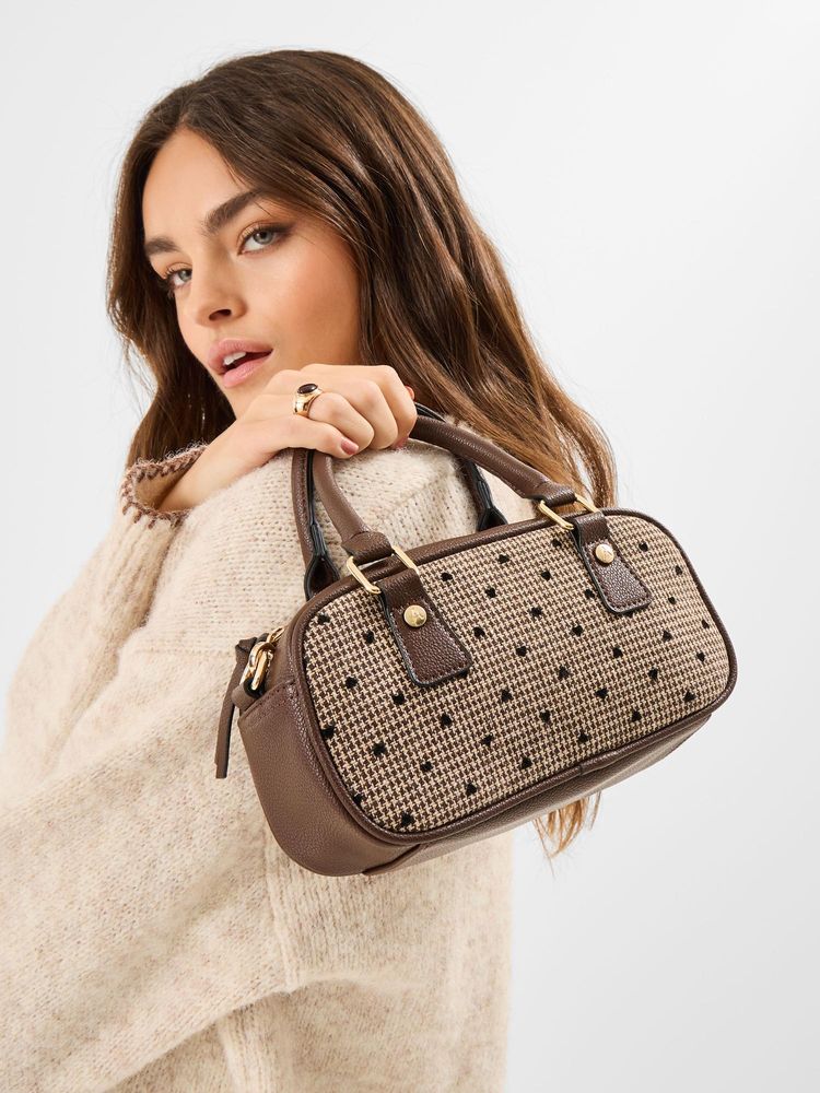 Accessorize London Women Brown Heart Houndstooth Bowler Sling Bag