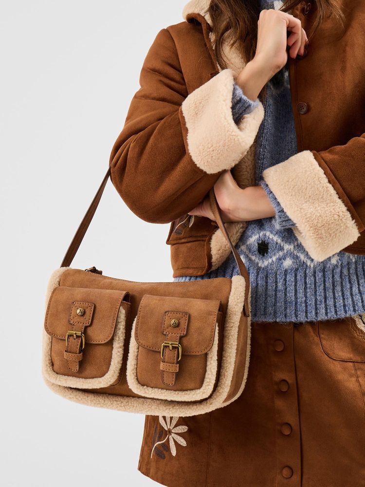 Accessorize London Women Brown Faux Shearling Pocket Handbag-picture-13