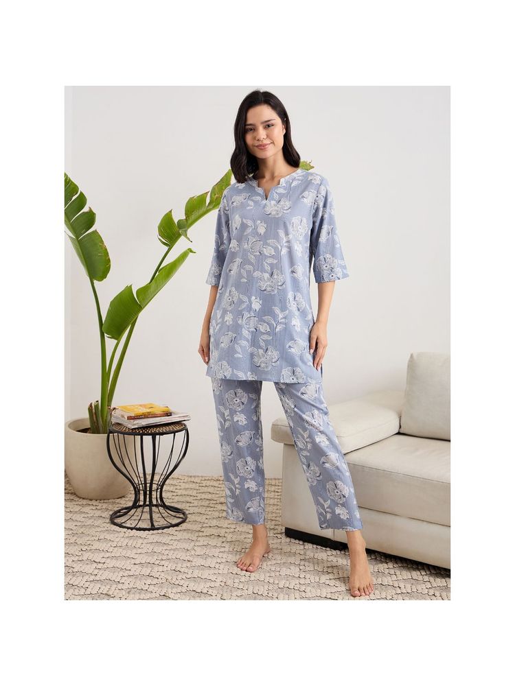 July Nightwear Cotton Grey Long Kurti & Pyjama For Women-image-2