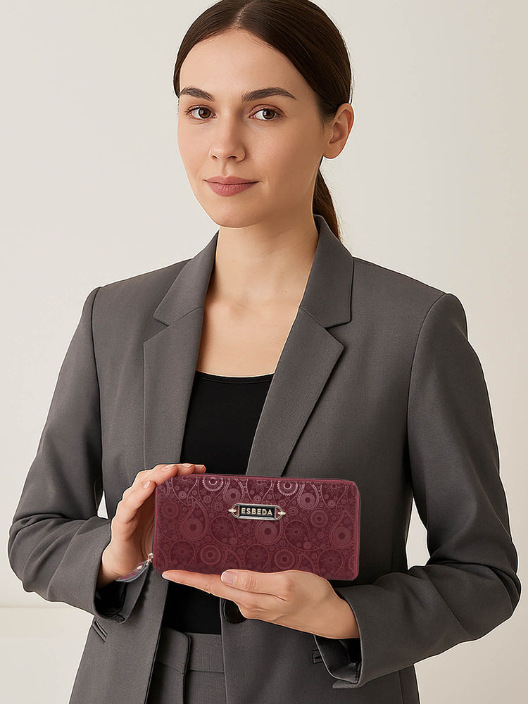ESBEDA Maroon Color Blossom Weave Wallet For Women-image-38