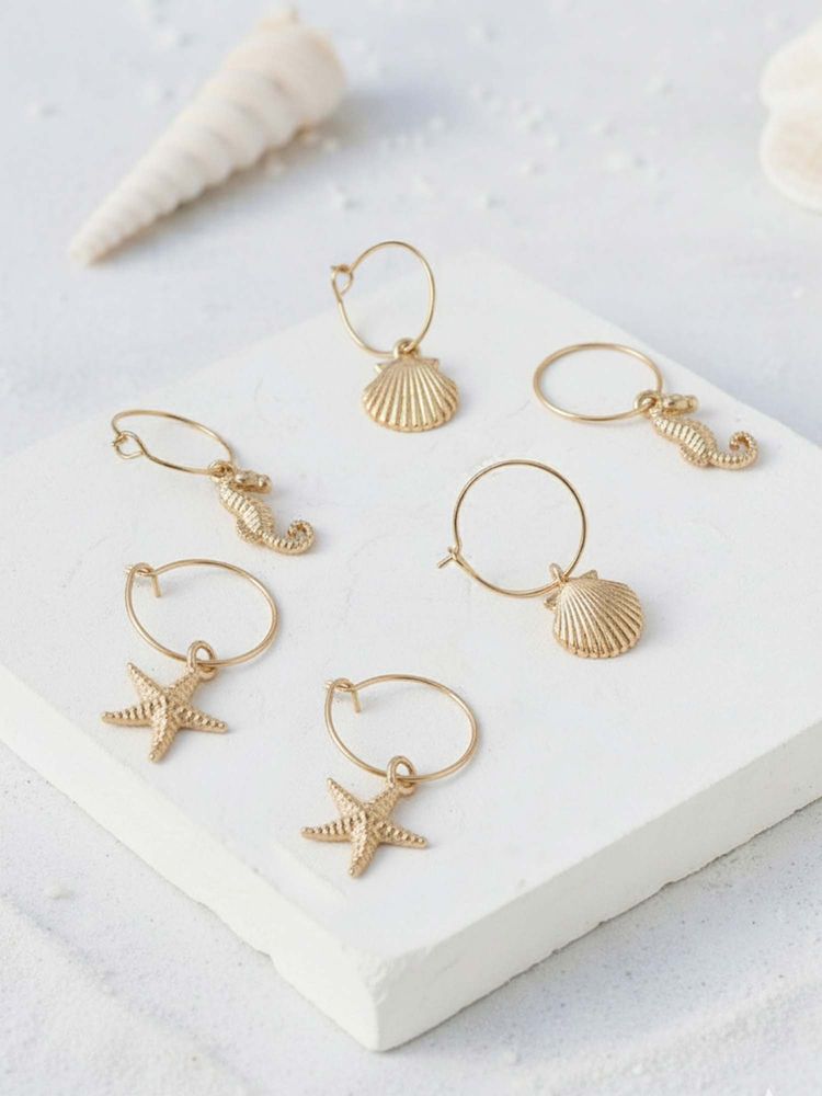 Accessorize London Gold Sea Charm Hoop Earrings (Pack of 3)-image-48