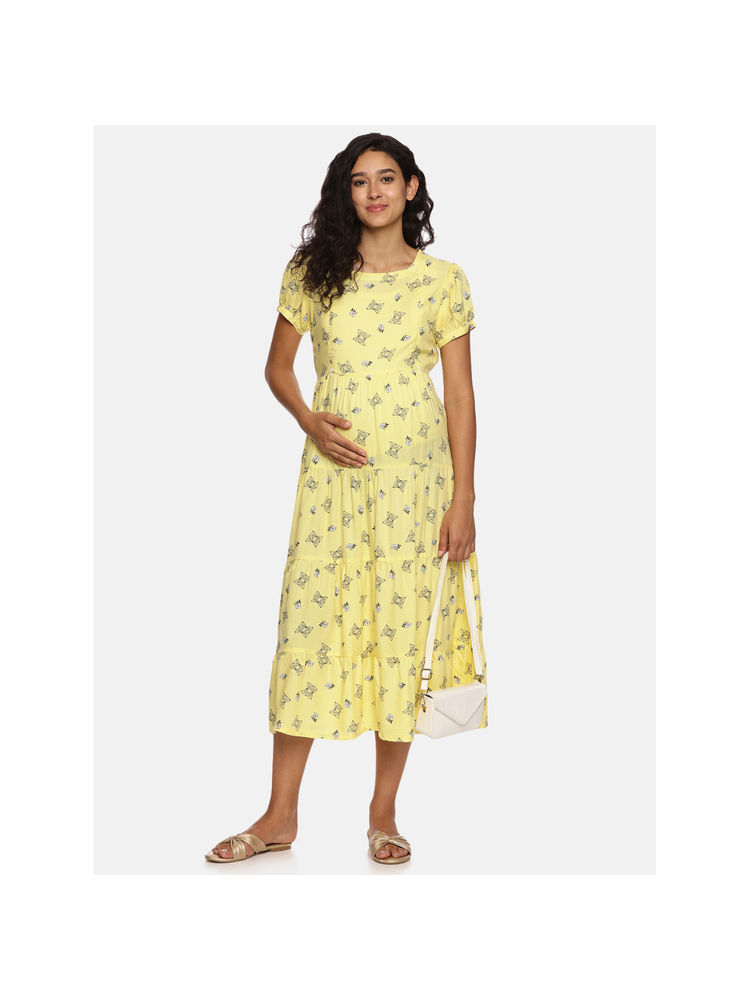 Nejo Yellow Printed Maternity Dress-image-7