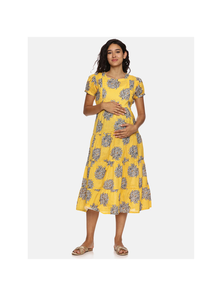 Nejo Yellow Printed Maternity Dress-image-30