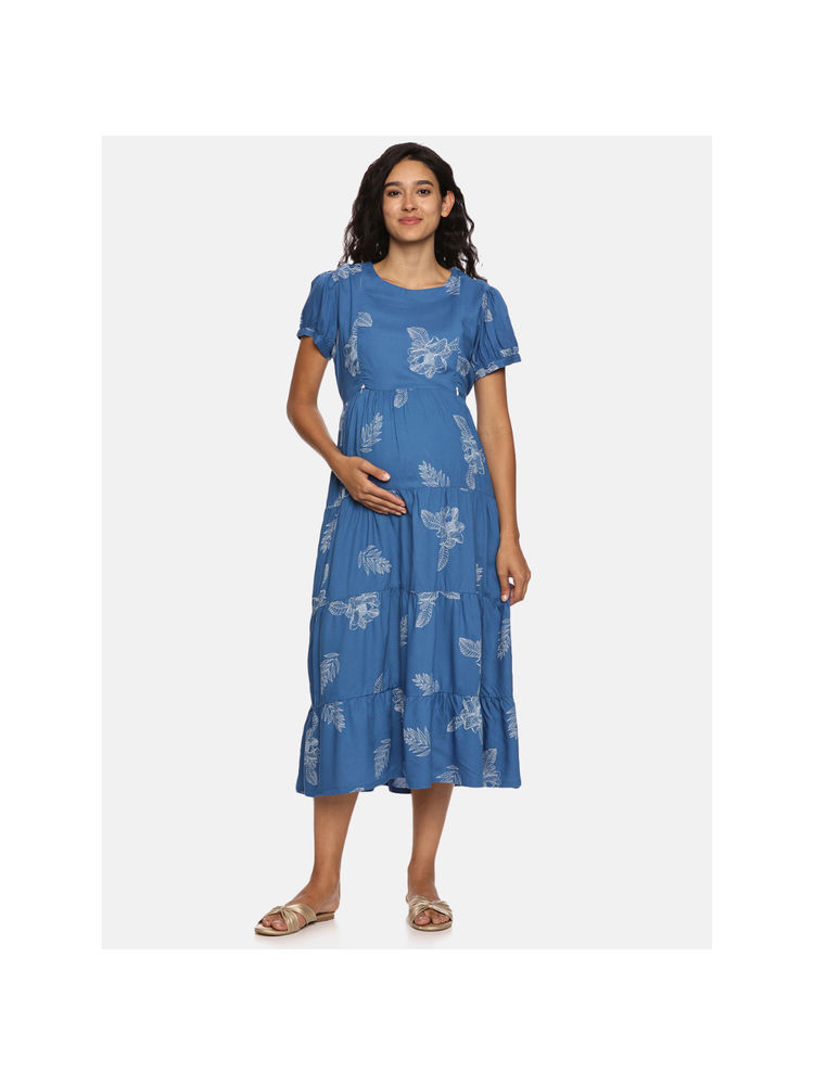 Nejo Blue Printed Maternity Dress-image-25