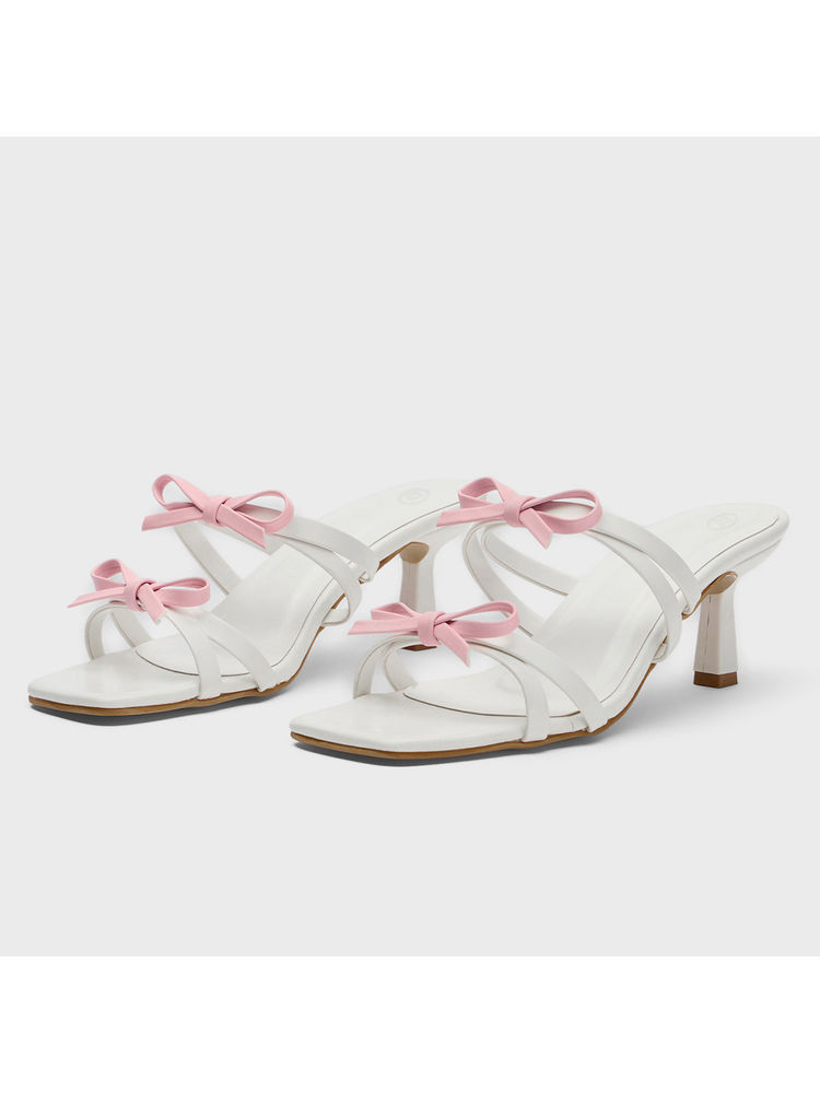 Twenty Dresses by Nykaa Fashion White And Pink Square Toe Strappy Bow Stiletto Heels-picture-19