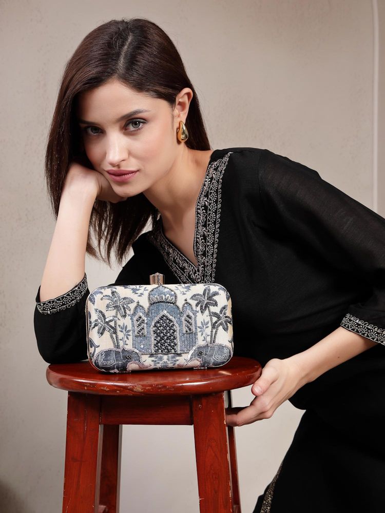 Anekaant Glided Gleam Beige and Navy Faux Silk Palace Embroidered Clutch-image-19