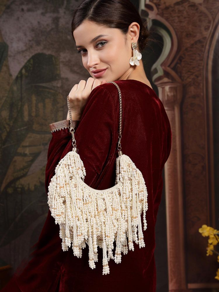 Anekaant Fringe Flirt Ivory and Champagne Faux Silk Clustered Beadwork Clutch-image-37
