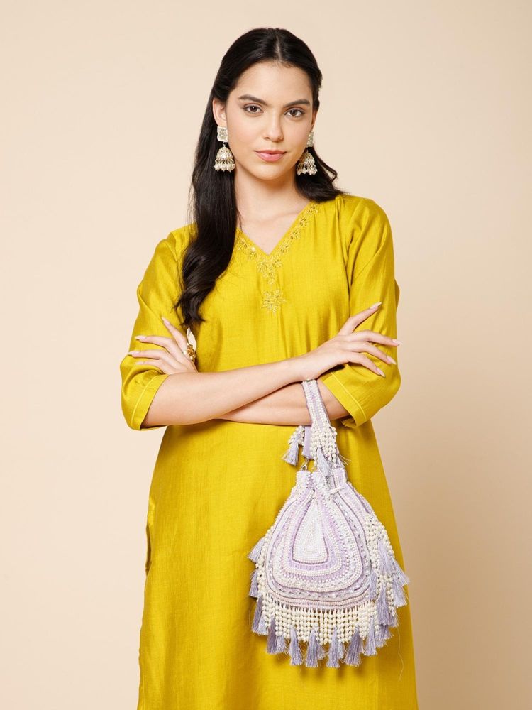 Anekaant Dewdrop Fringe Light Lavender and Ivory Embellished Velvet Potli Bag-image-2