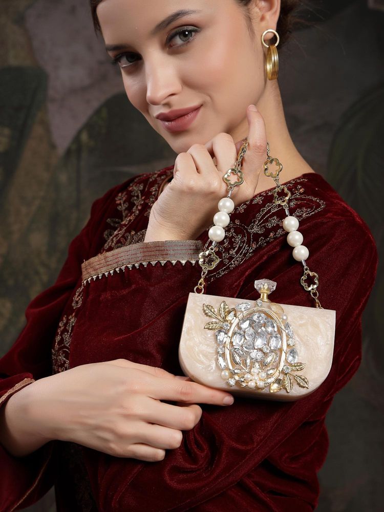 Anekaant Marble Muse Beige Ivory and Gold Resin Embellished Clutch-image-3