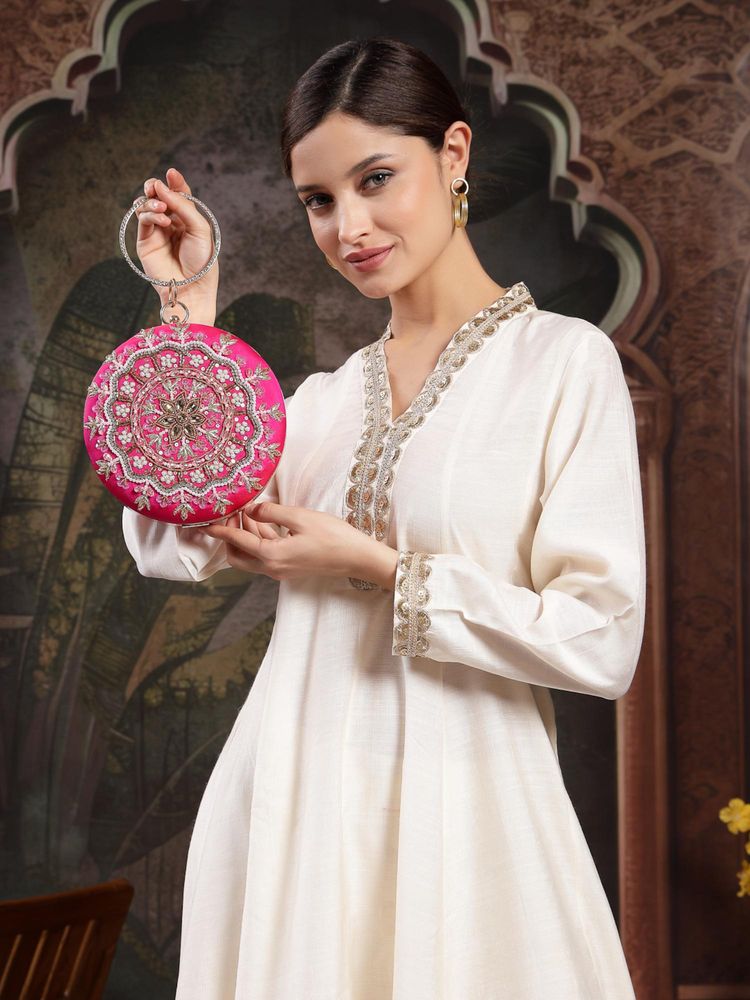 Anekaant Adorn Fuchsia Pink and Multi Faux Silk Floral Mandala Embellished Clutch-image-23