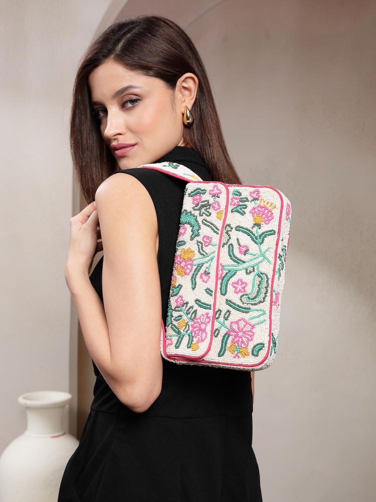 Anekaant Beaded Botanica Ivory and Multi Canvas Floral and Vine Motifs Embroidered Handbag-image-37