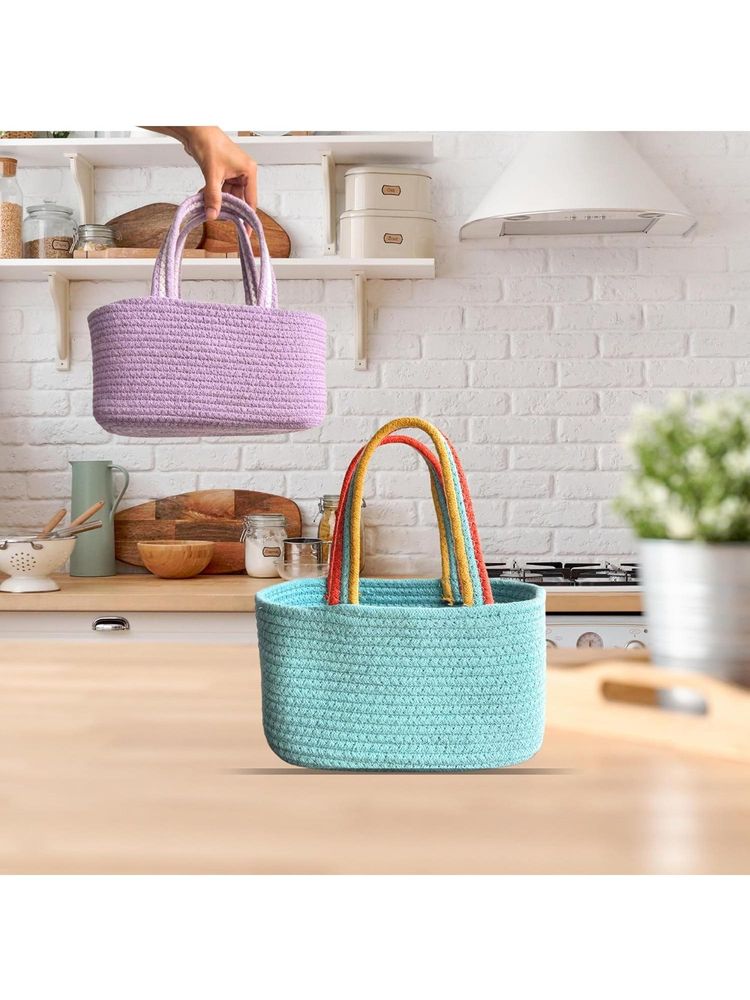 JASMEY HOMES Set Of 2 Cotton Basket Style Handbag - Lavender And Aqua-image-14