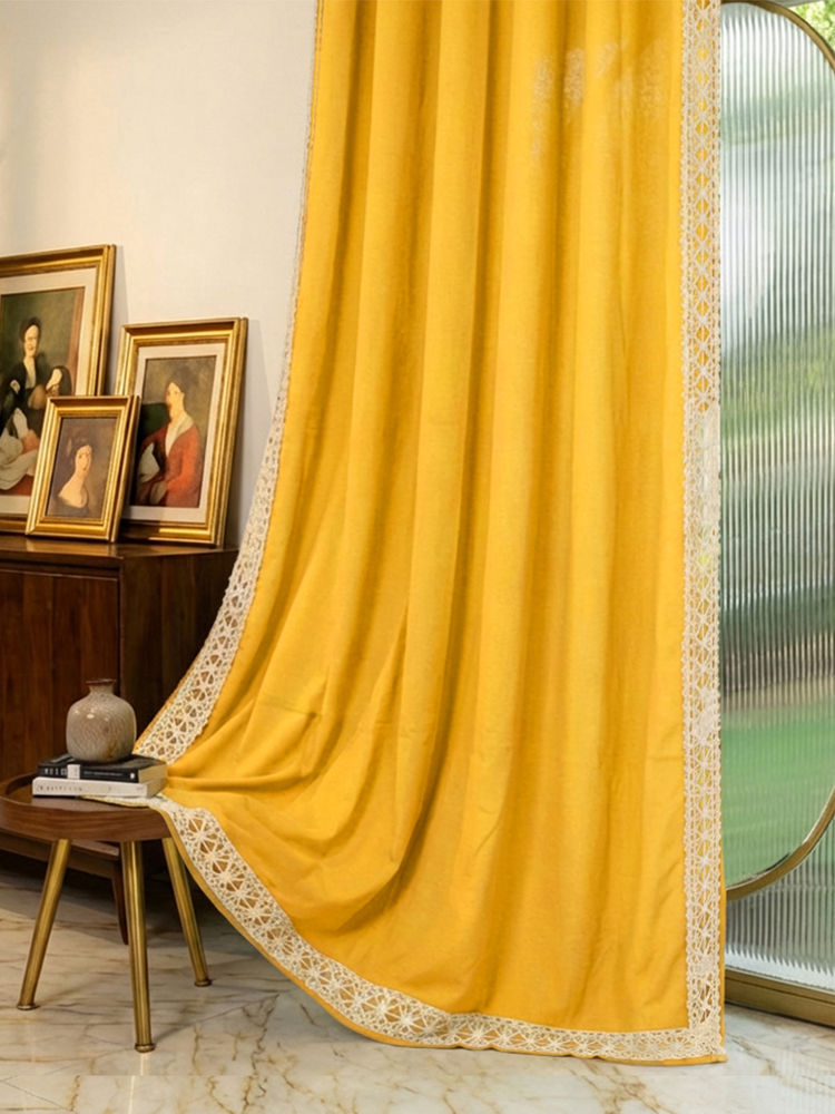 Urban Space Yellow Cotton Lace Trim Window Curtain-image-43
