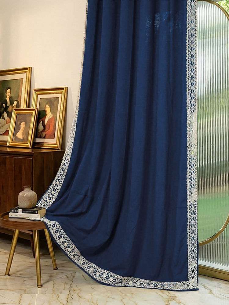 Urban Space Navy Blue Cotton Lace Trim Window Curtain-image-28