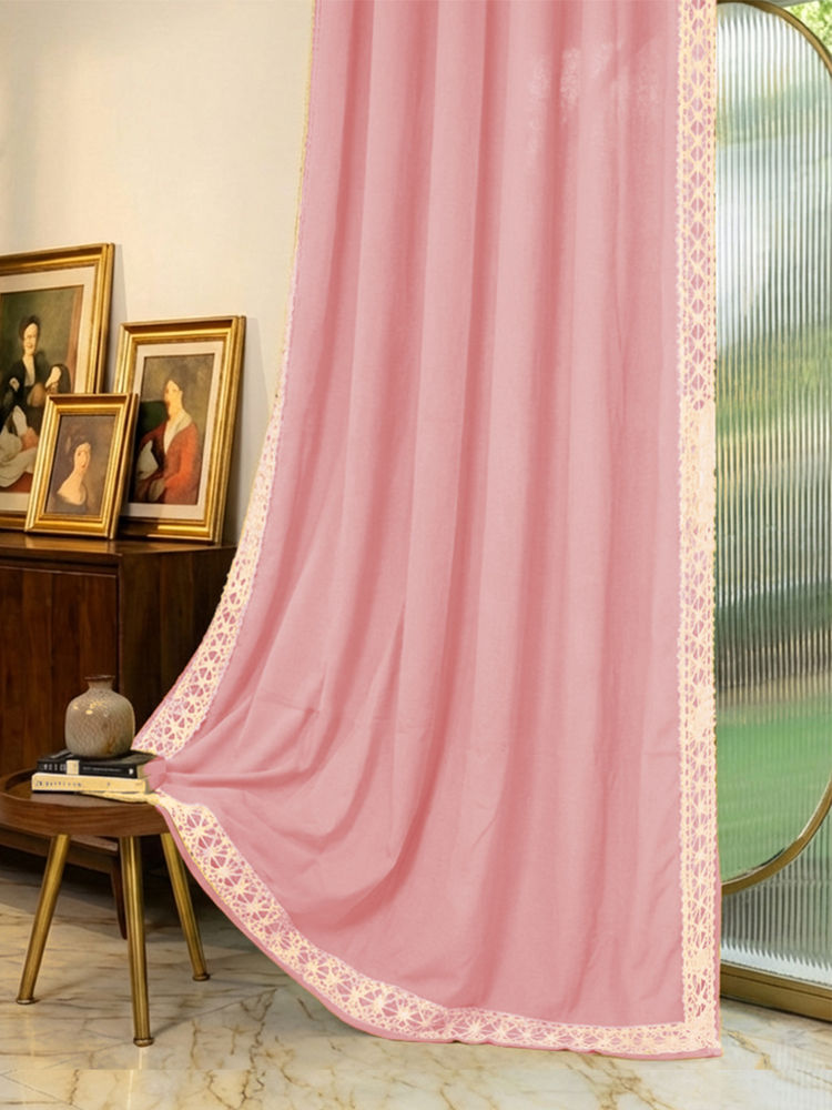 Urban Space Pink Cotton Lace Trim Window Curtain-image-28