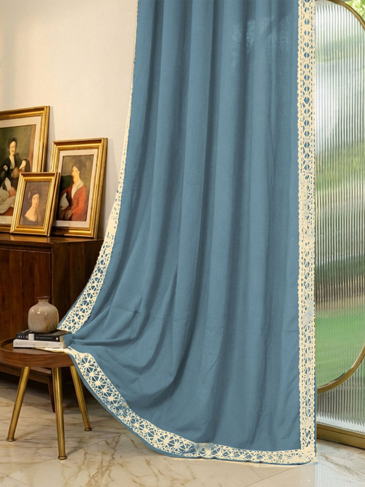 Urban Space Blue Cotton Lace Trim Window Curtain-image-2