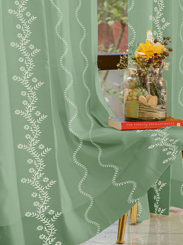 Urban Space Solara Sage Green Cotton Embroidered Window Curtain
