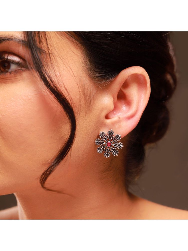 Voylla Red Phulwari Pushpatarang Oxidised Stud Earrings-image-2