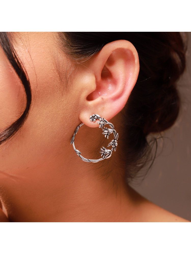Voylla Silver Phulwari Pushpara Oxidised Front Back Hoop Earrings-picture-17