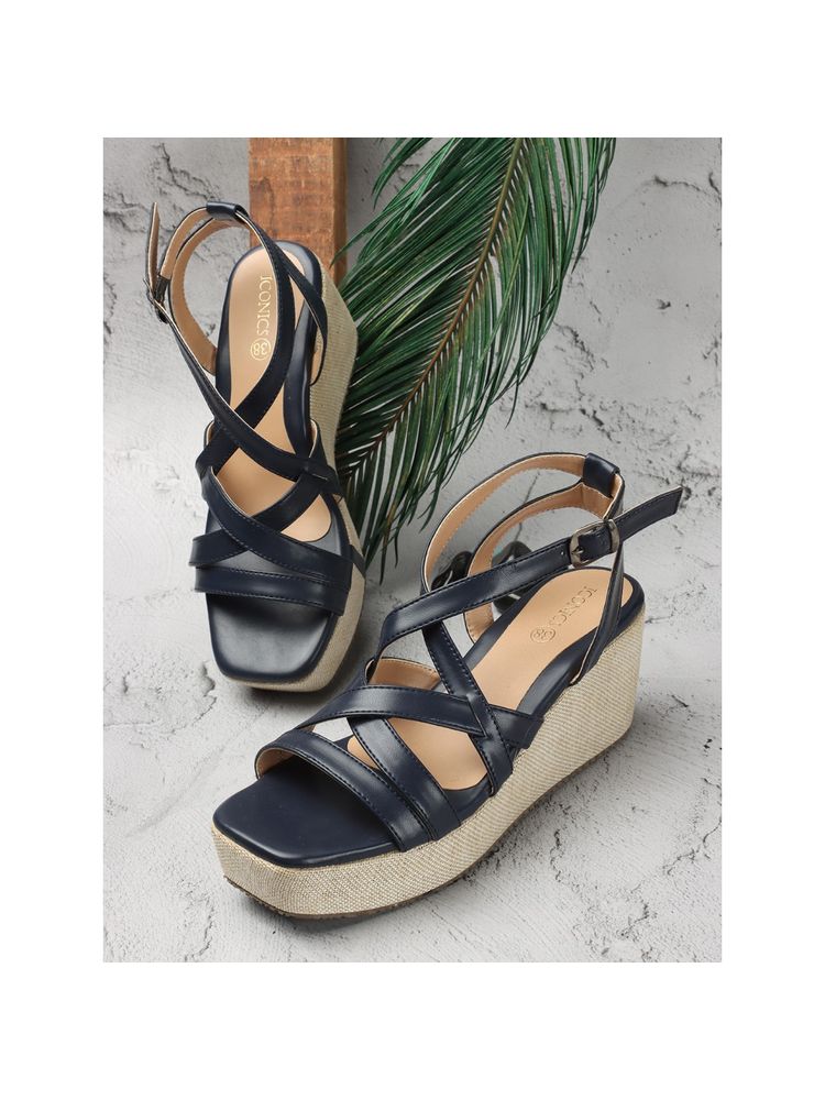 Iconics Navy Blue Solid Women Wedge