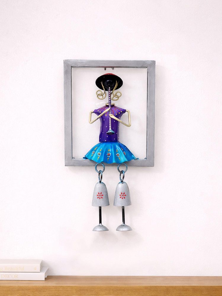 Golden Peacock Blue And White Handcrafted Wall Mounted Doll Playing Flute Figurine Sculpture Frame-picture-27