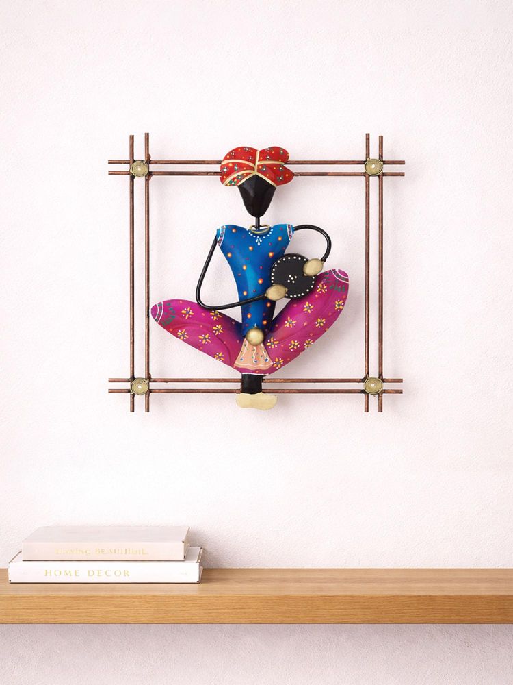 Golden Peacock Pink & Blue Handcrafted & Hand-Painted Musician Wrought Iron Wall Hanging Showpiece-image-9