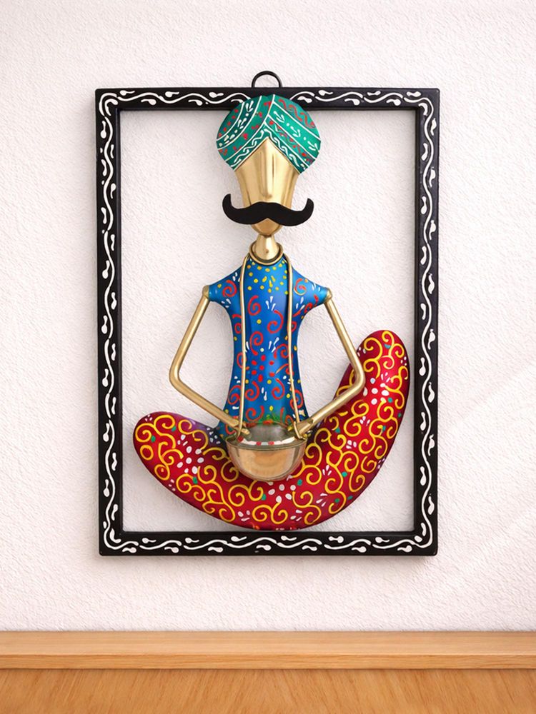 Golden Peacock Multi-Colour Hand-Painted & Handcrafted Tribal Metal Musician Wall Decor-picture-39