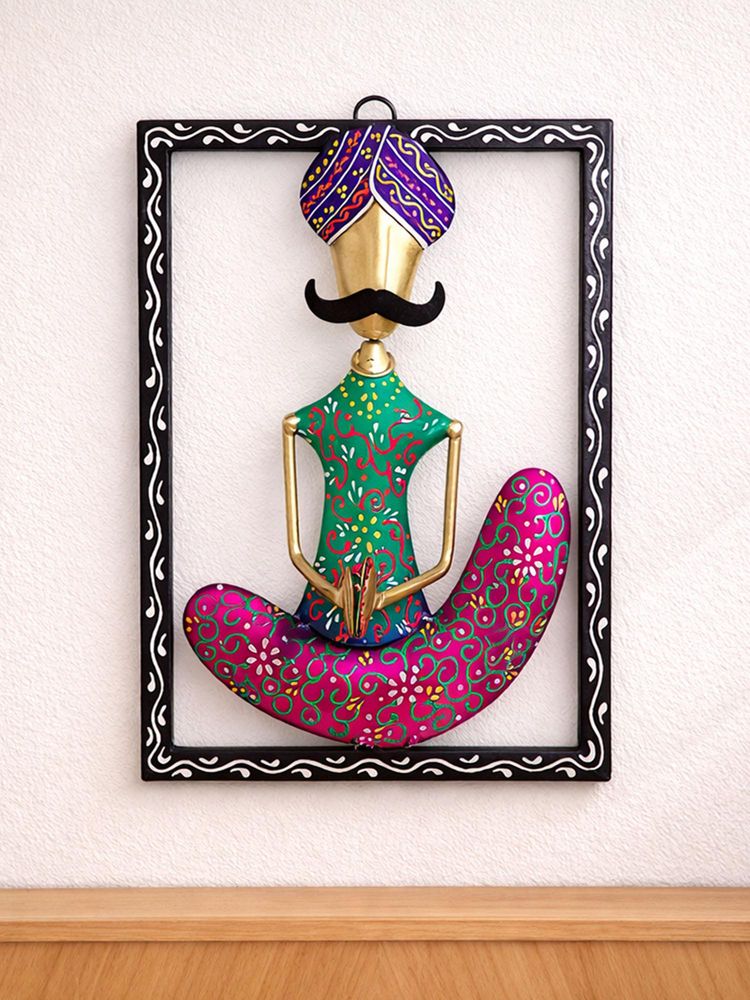 Golden Peacock Multi-Colour Hand-Painted & Handcrafted Tribal Metal Musician Wall Decor-picture-37
