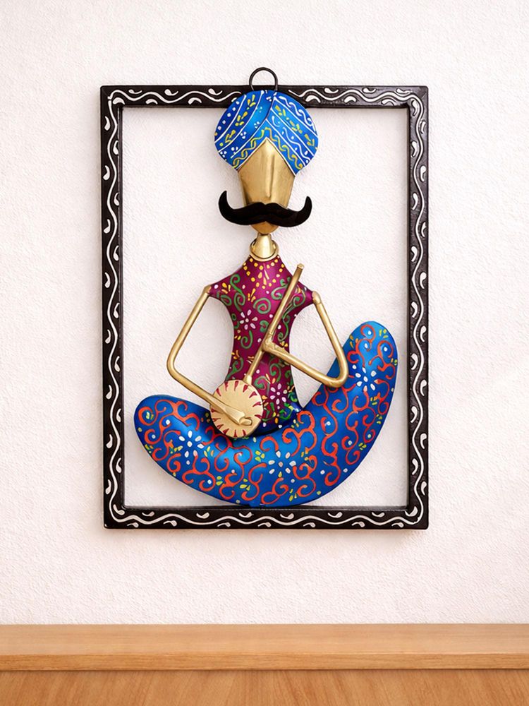 Golden Peacock Multi-Colour Hand-Painted & Handcrafted Tribal Metal Musician Wall Decor-image-7