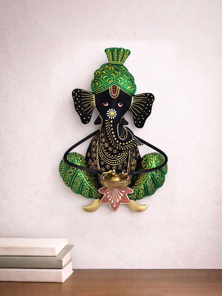 Golden Peacock Multi-Colour Handicrafts Paradise Lord Ganesh Playing Musical Instrument Wall Hanging-picture-32