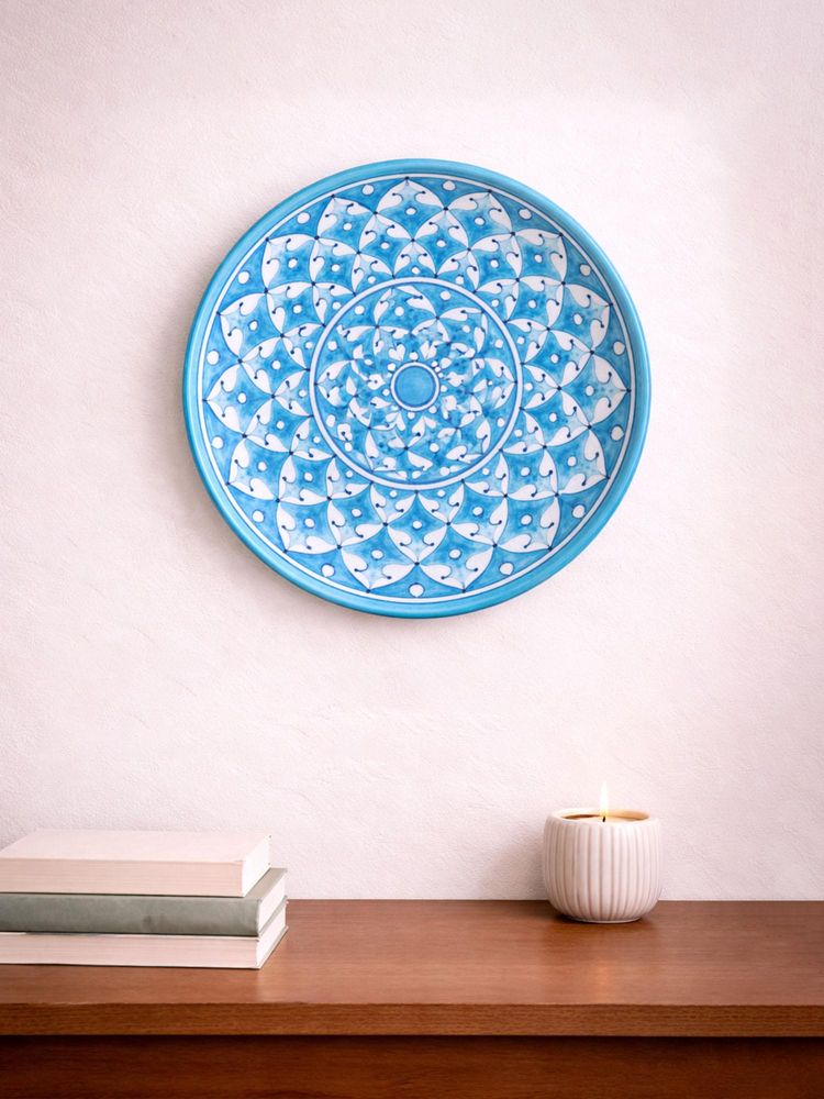 Golden Peacock Blue Pottery Turquoise Floral Design Decorative Wall Plate-image-35