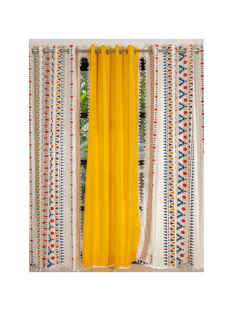 Urban Space Cotton Curtains for Window - Ikat Orange & Aura Yellow (Pack of 3)