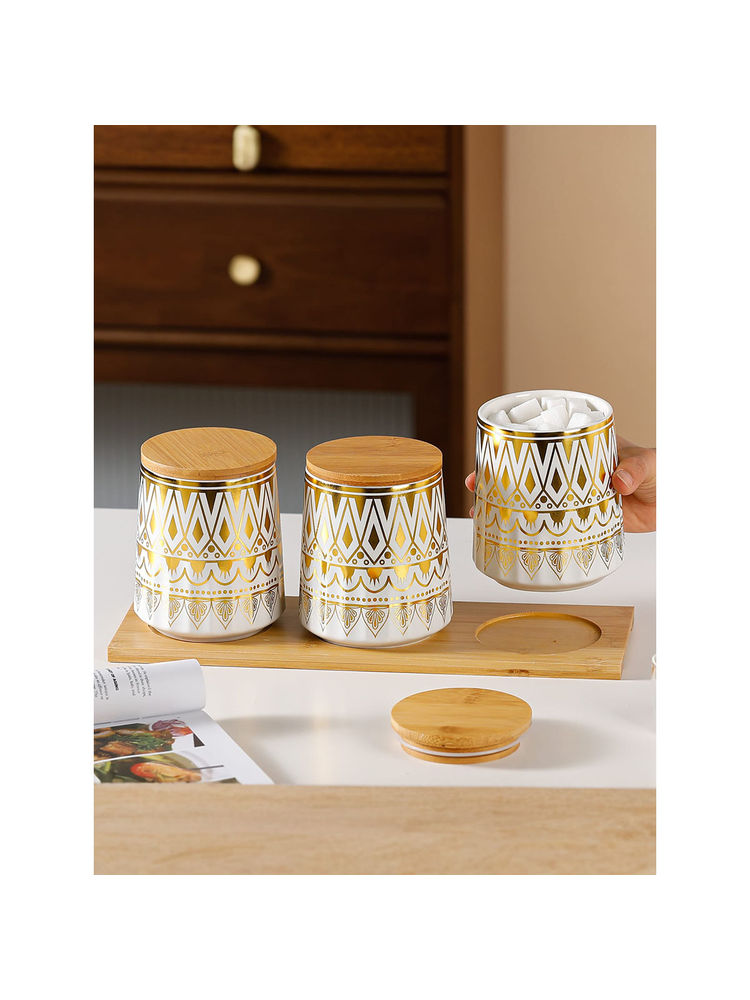 The Better Home Ceramic Jars with Bamboo Lids & Tray, 650Ml (Pack of 3)-image-2