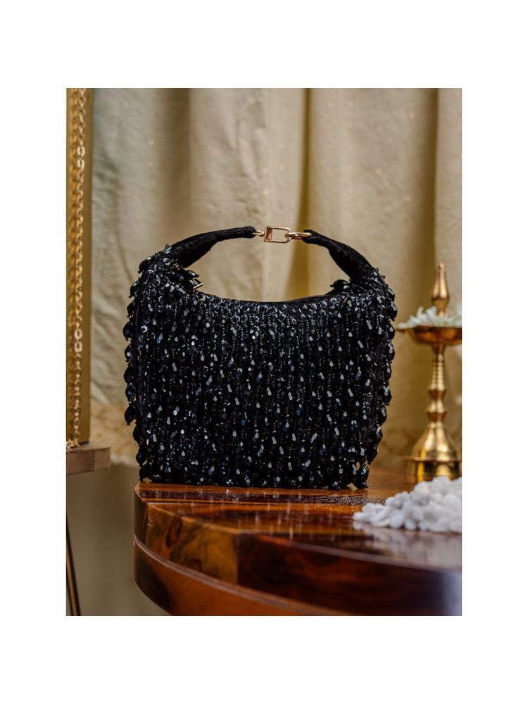 NR BY NIDHI RATHI Womens Black Pearl Embellished Purse Clutch-picture-17