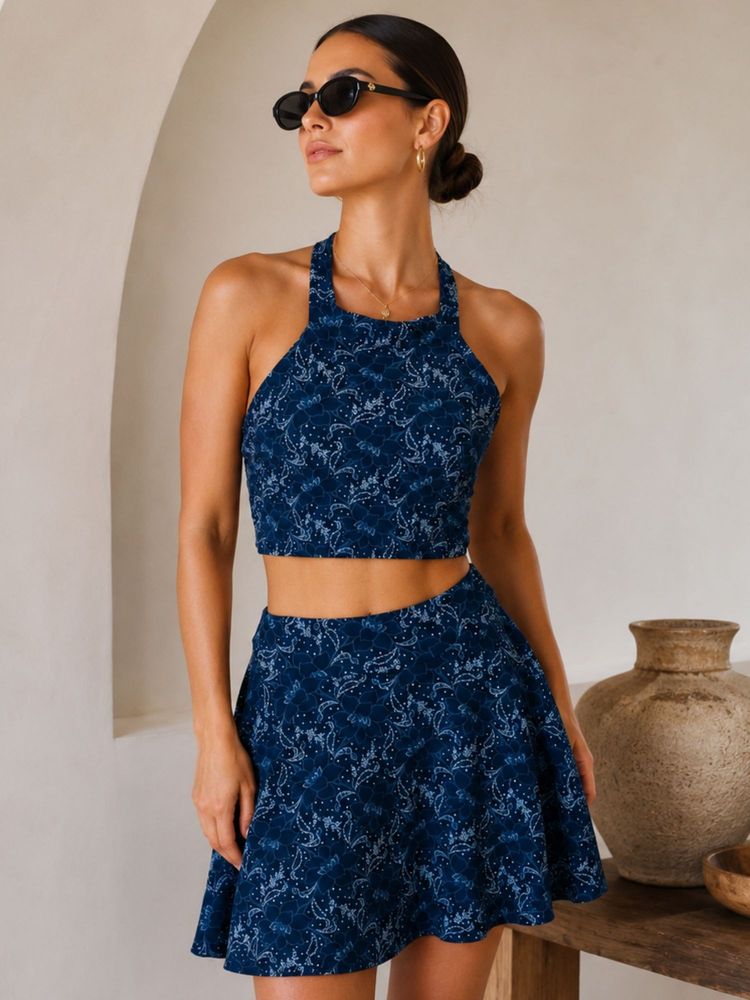 Addery Navy Blue Midnight Botanical Halter Bikini Top with Skirt-image-6
