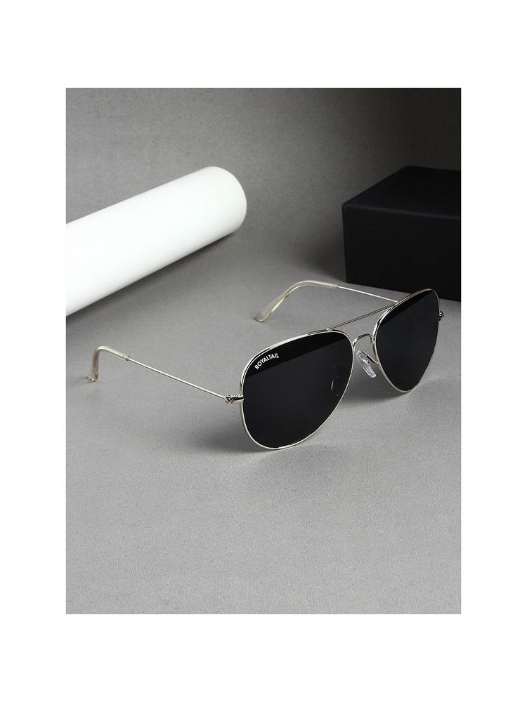 ROYALTAIL Silver Frame & Black Glass UV Protected Aviator Sunglasses (58)-picture-27