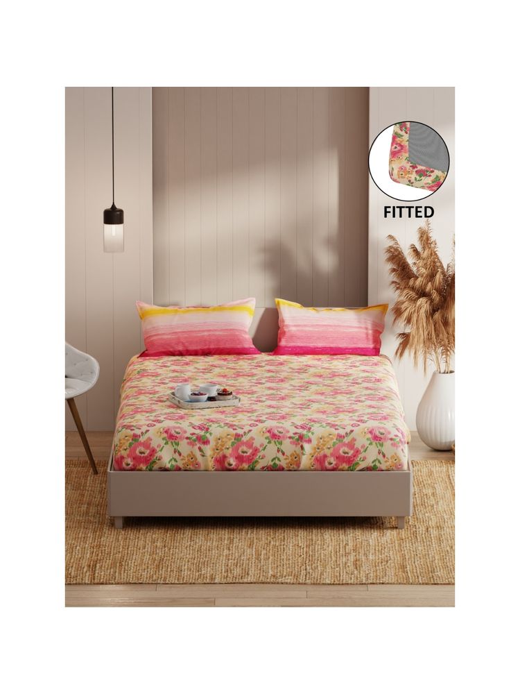 KOPA Fitted Double Bed Sheet With Pillow Covers (Bio-Soft Feel) Floral-Beige/Pink (Queen)-image-18