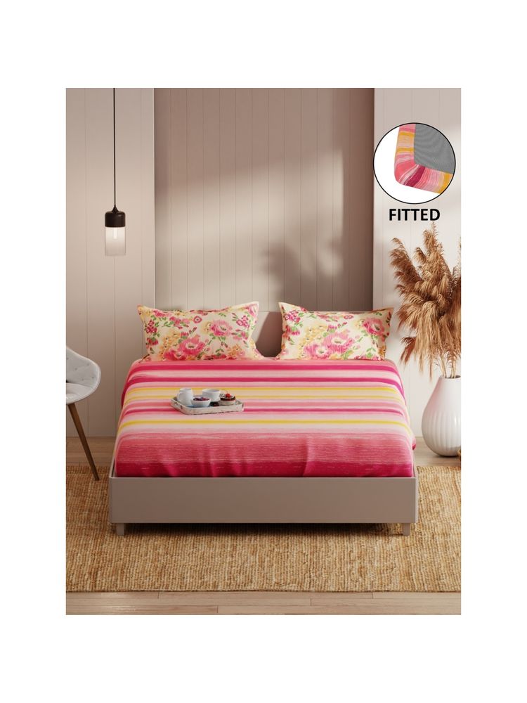 KOPA Fitted Double Bed Sheet With Pillow Covers (Bio-Soft Feel) Floral-Pink/Yellow (Queen)-picture-11