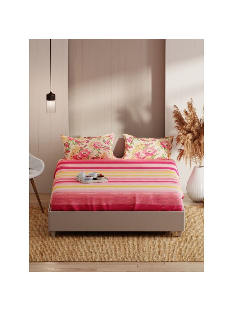 KOPA Double Bedsheet With Pillow Covers (Bio-Soft Cotton Feel) Floral-Pink/Yellow (Queen)-image-11